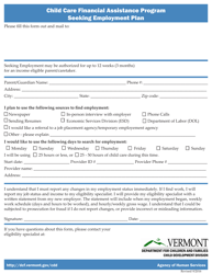 Document preview: Seeking Employment Plan - Child Care Financial Assistance Program - Vermont