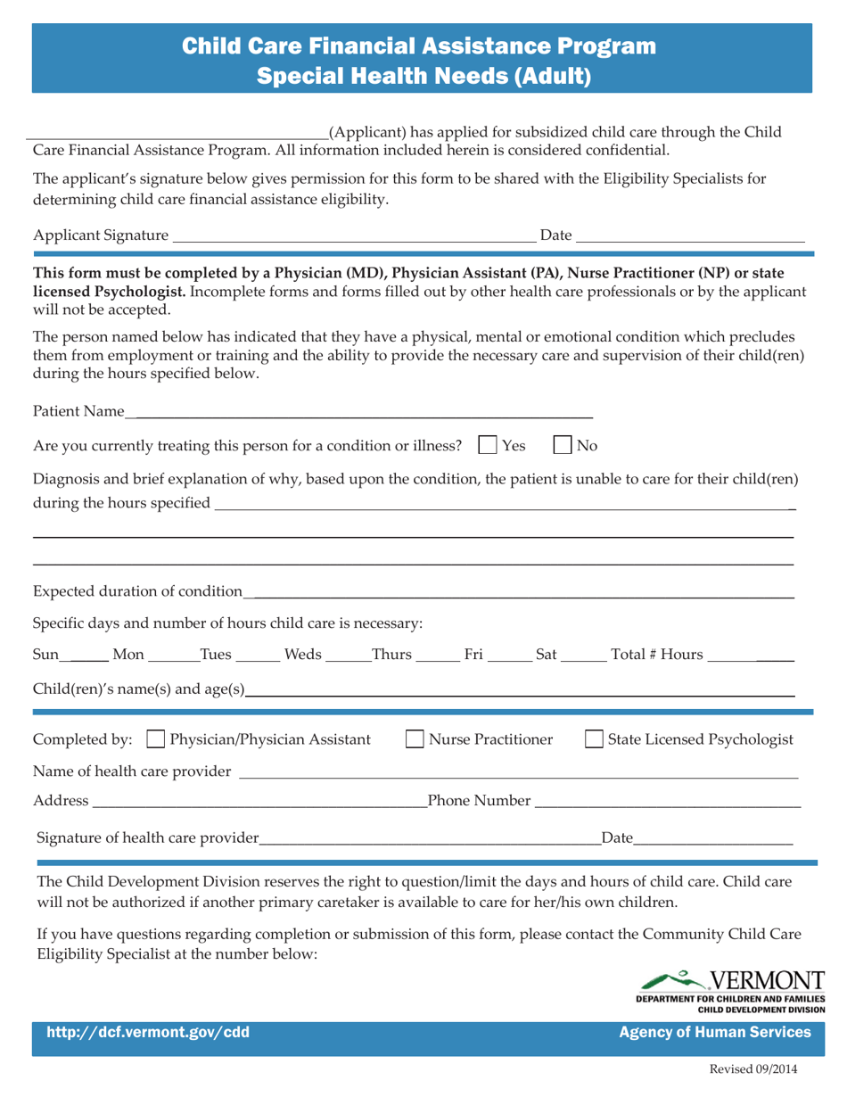Special Health Needs (Adult) Form - Child Care Financial Assistance Program - Vermont, Page 1
