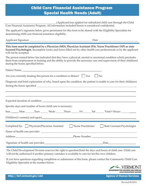 Special Health Needs (Adult) Form - Child Care Financial Assistance Program - Vermont Download Pdf