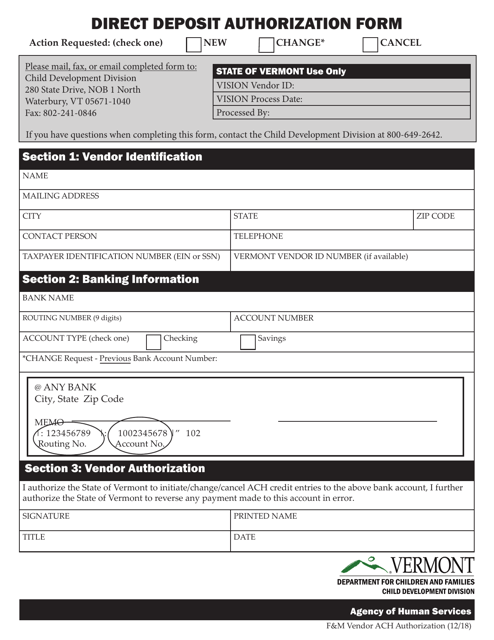 Direct Deposit Authorization Form - Vermont Download Pdf