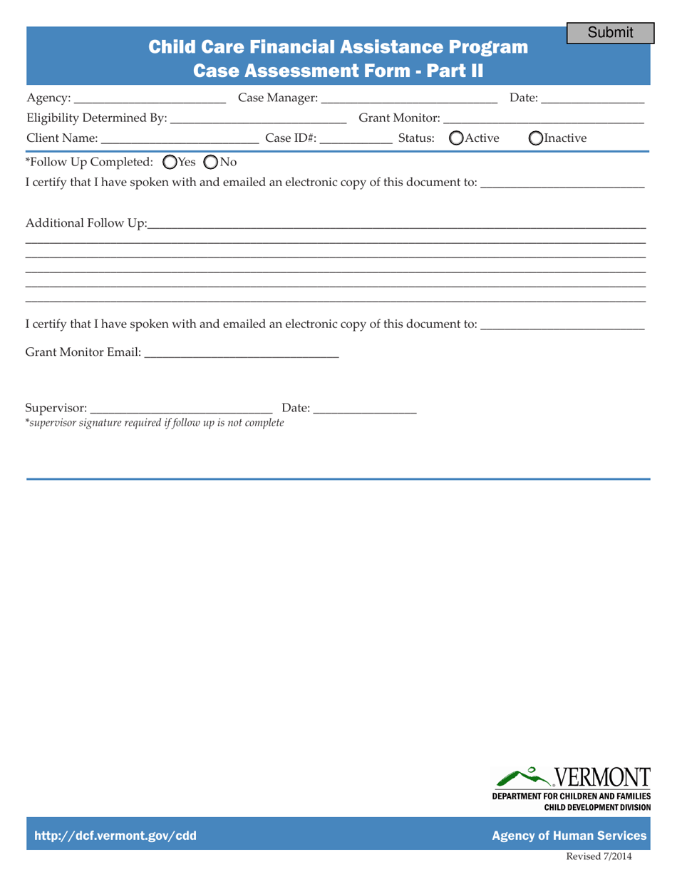 Case Assessment Form - Part II - Child Care Financial Assistance Program - Vermont, Page 1
