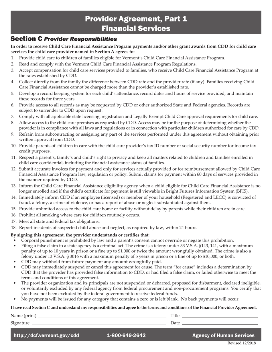 Provider Agreement, Part 1 - Financial Services - Vermont, Page 3