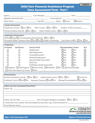 Document preview: Case Assessment Form - Part I - Child Care Financial Assistance Program - Vermont