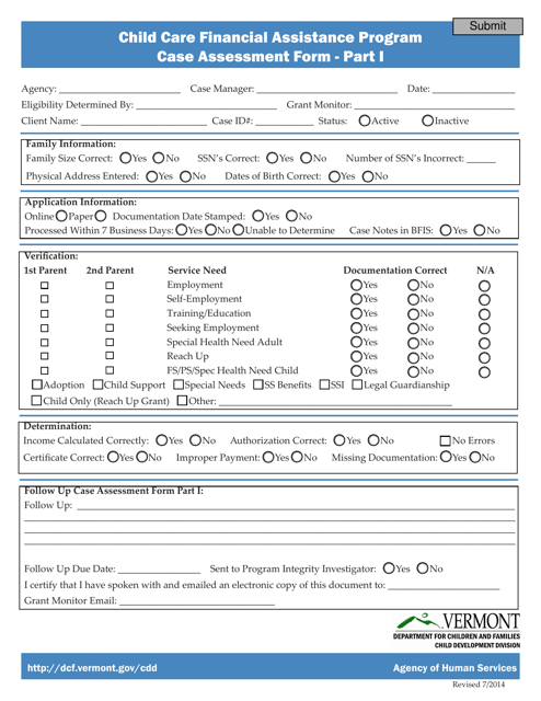 Case Assessment Form - Part I - Child Care Financial Assistance Program - Vermont
