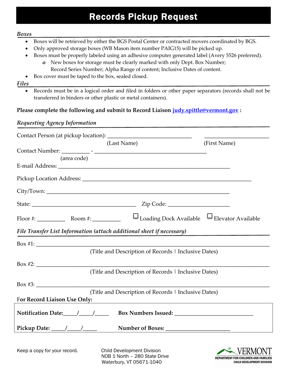 Records Pickup Request Form - Vermont, Page 1