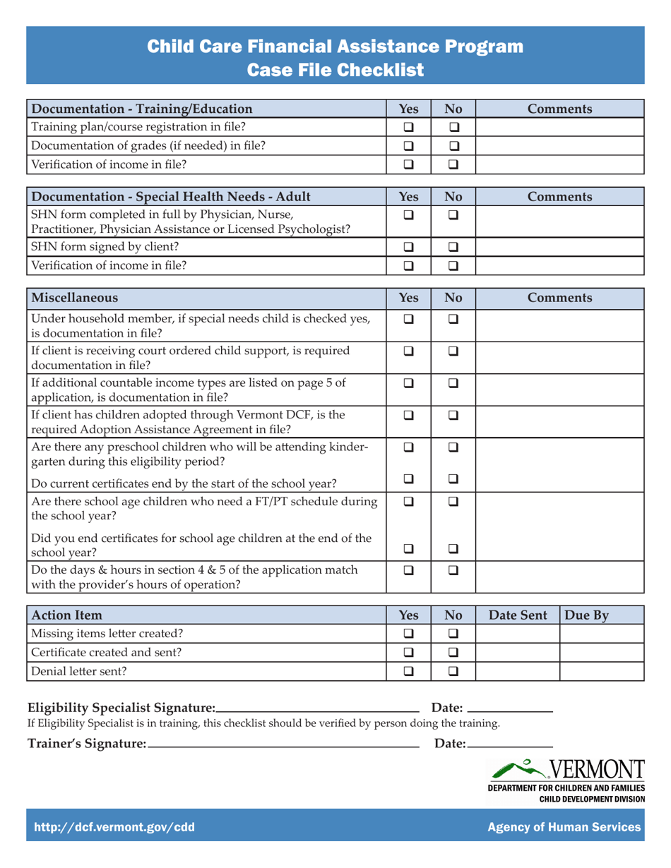 Vermont Case File Checklist Child Care Financial Assistance Program