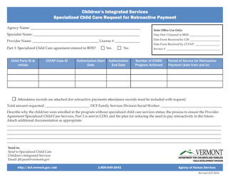 Document preview: Children's Integrated Services Specialized Child Care Request for Retroactive Payment - Vermont