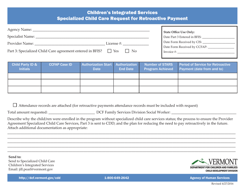 Children's Integrated Services Specialized Child Care Request for Retroactive Payment - Vermont