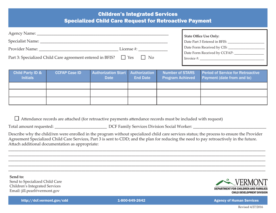 Childrens Integrated Services Specialized Child Care Request for Retroactive Payment - Vermont, Page 1