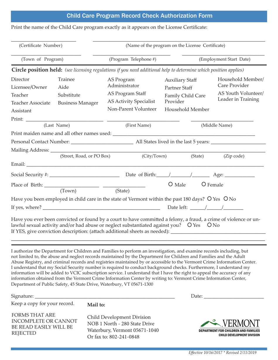 Vermont Child Care Program Record Check Authorization Form Fill Out