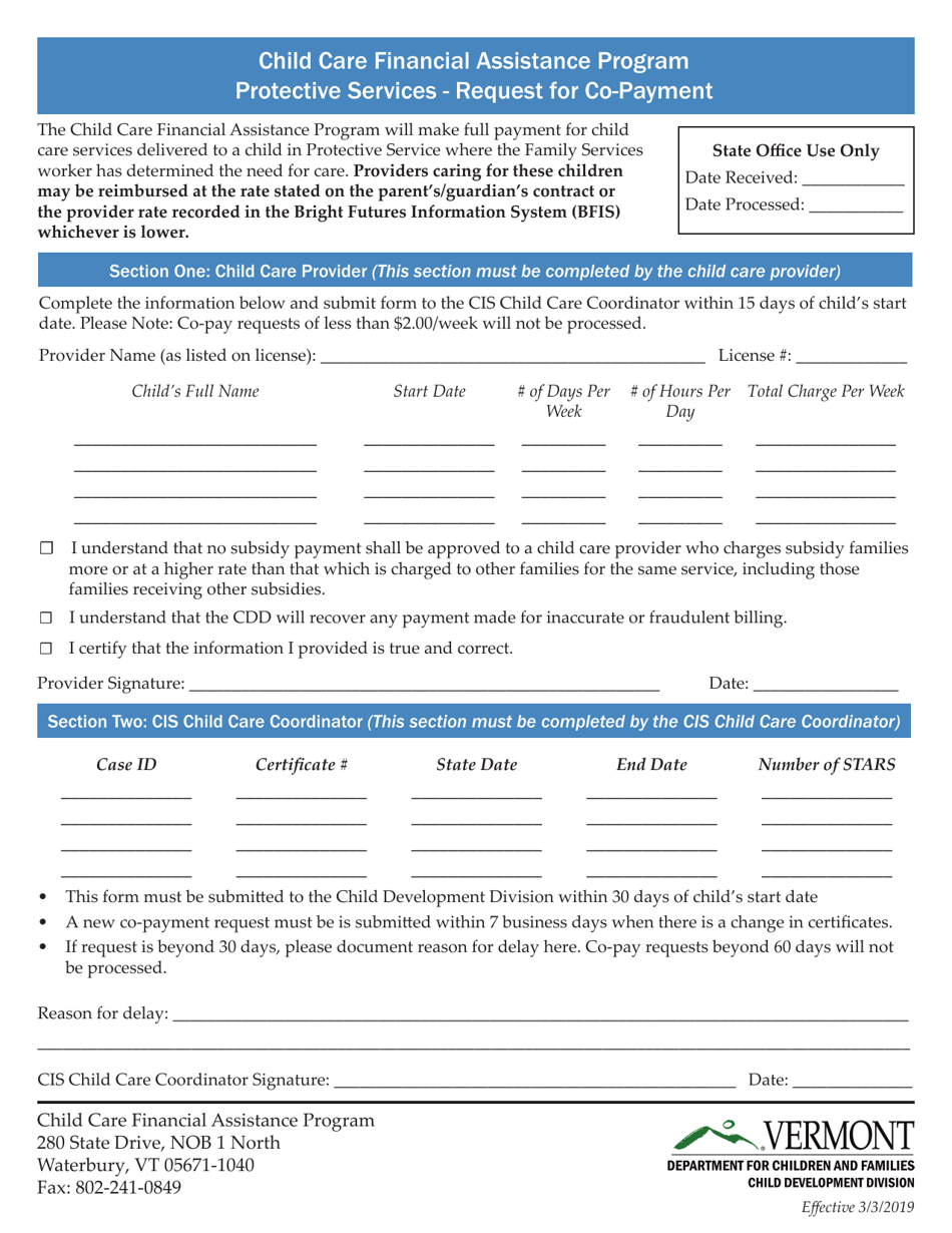 Protective Services - Request for Co-payment - Child Care Financial Assistance Program - Vermont, Page 1