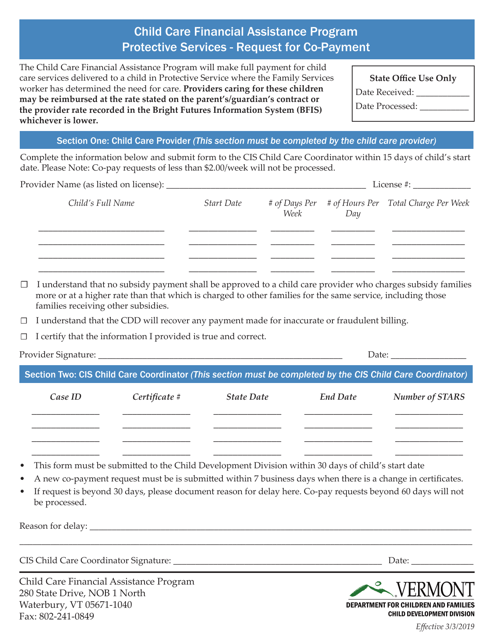 Protective Services - Request for Co-payment - Child Care Financial Assistance Program - Vermont Download Pdf