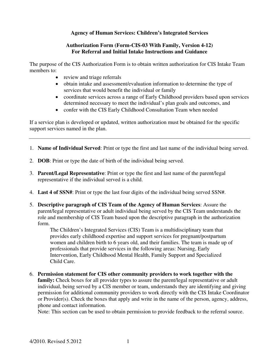Instructions for Form CIS-03 Authorization Form for Referral and Initial Intake - Vermont, Page 1