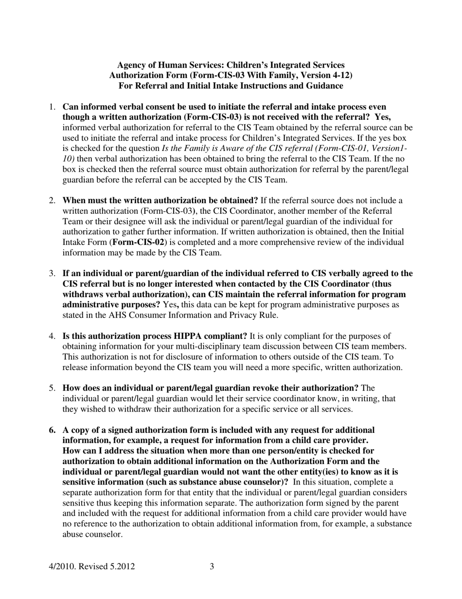 Instructions for Form CIS-03 Authorization Form for Referral and Initial Intake - Vermont, Page 3