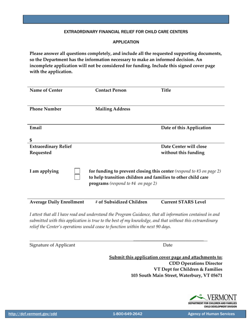 Extraordinary Financial Relief for Child Care Centers Application Form - Vermont Download Pdf