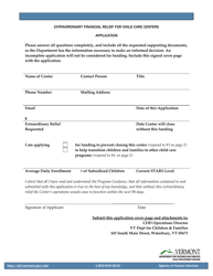 Extraordinary Financial Relief for Child Care Centers Application Form - Vermont