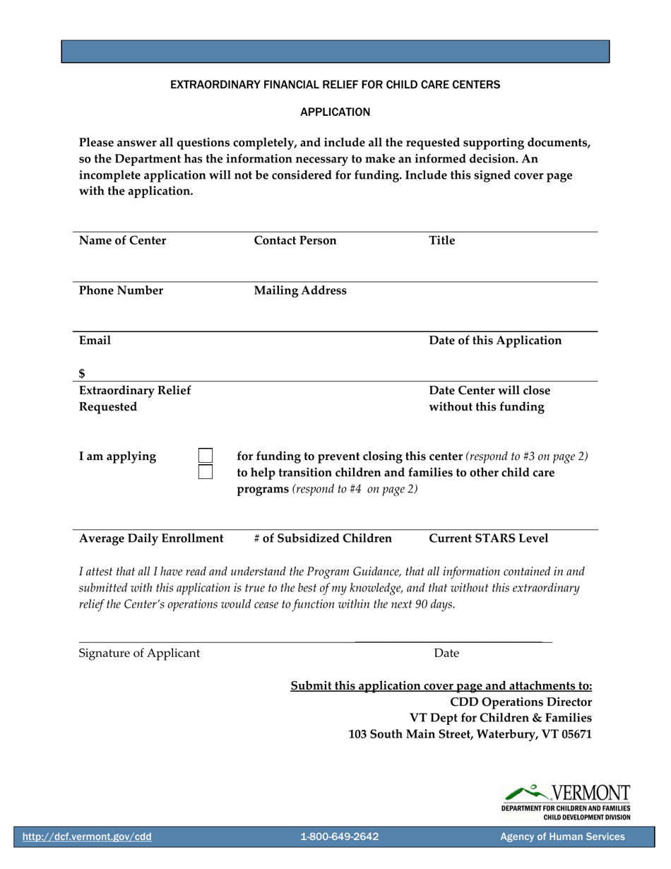 Extraordinary Financial Relief for Child Care Centers Application Form - Vermont, Page 1