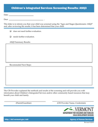 Document preview: Children's Integrated Services Asq3 Screening Results Form - Vermont