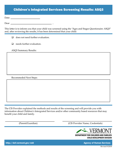 Children's Integrated Services Asq3 Screening Results Form - Vermont Download Pdf