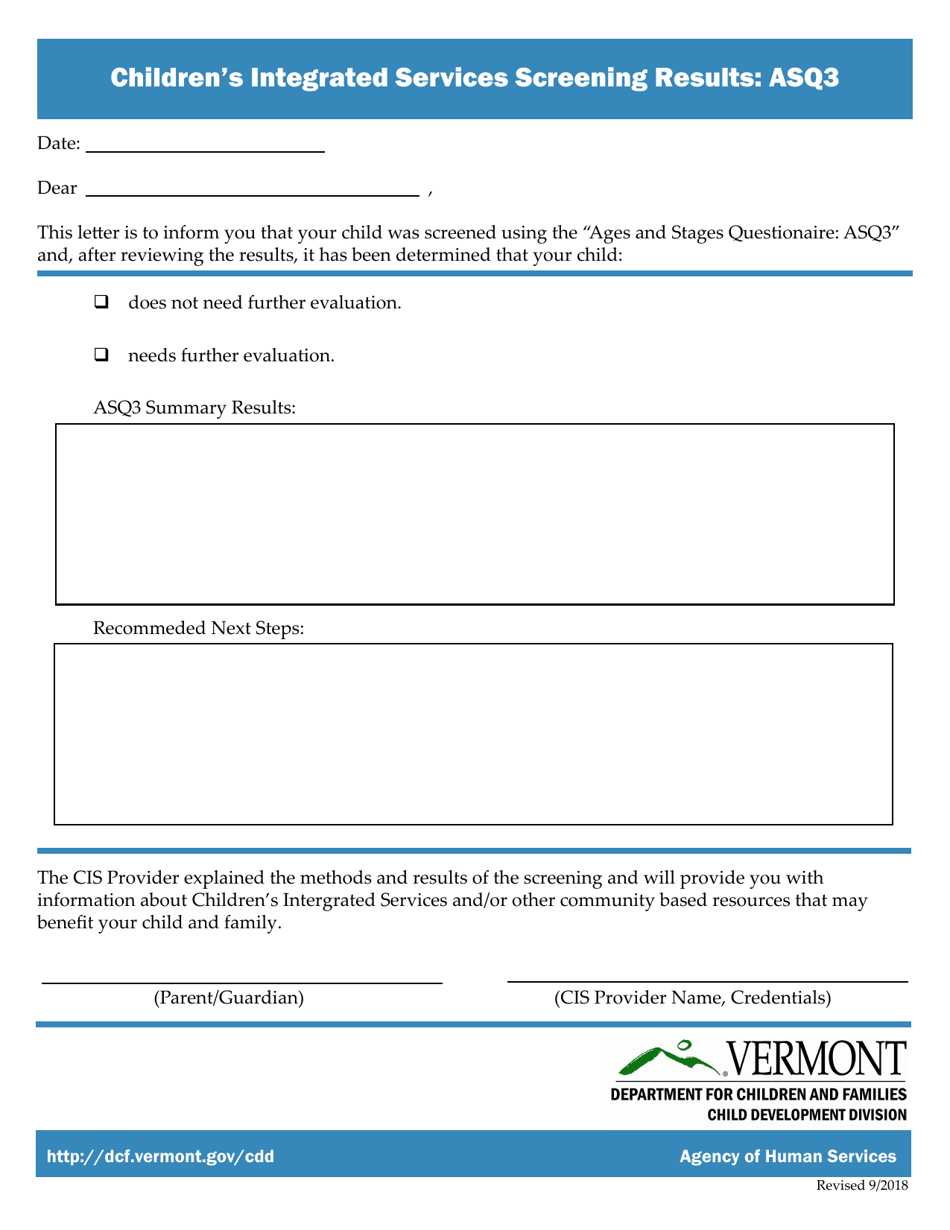 Childrens Integrated Services Asq3 Screening Results Form - Vermont, Page 1