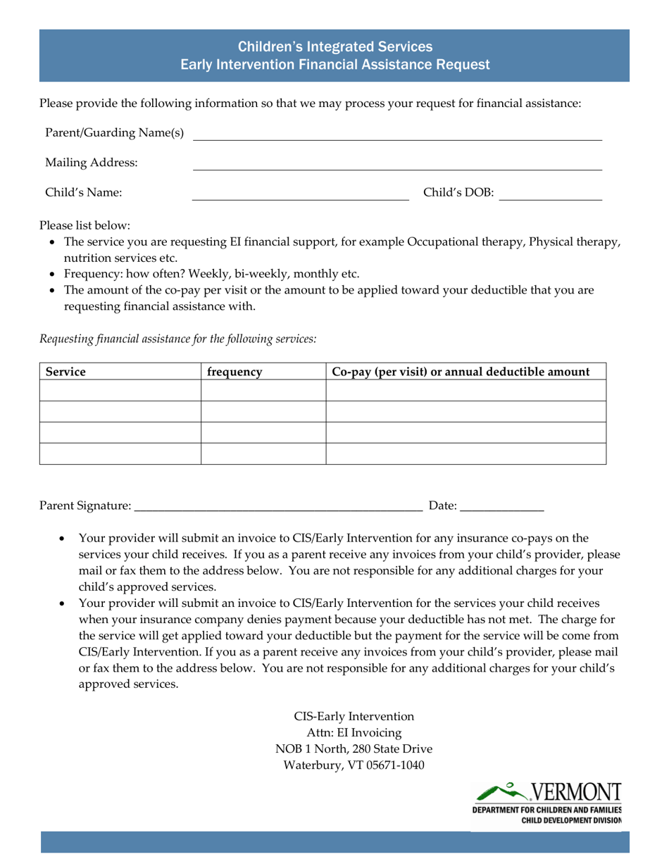 Childrens Integrated Services Early Intervention Financial Assistance Request - Vermont, Page 1
