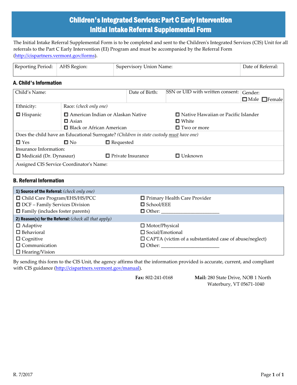 Childrens Integrated Services: Part C Early Intervention Initial Intake Referral Supplemental Form - Vermont, Page 1