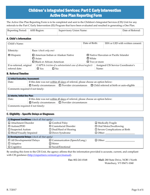 Children's Integrated Services: Part C Early Intervention Active One Plan Reporting Form - Vermont Download Pdf