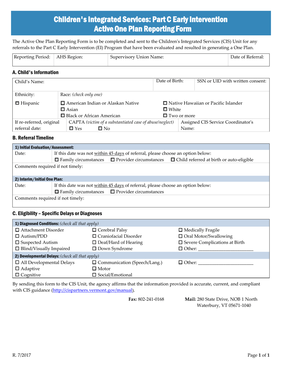 Childrens Integrated Services: Part C Early Intervention Active One Plan Reporting Form - Vermont, Page 1