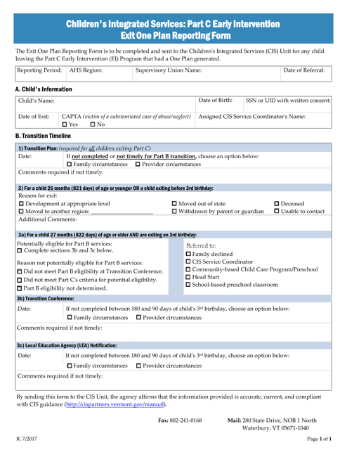 Children's Integrated Services: Part C Early Intervention Exit One Plan Reporting Form - Vermont