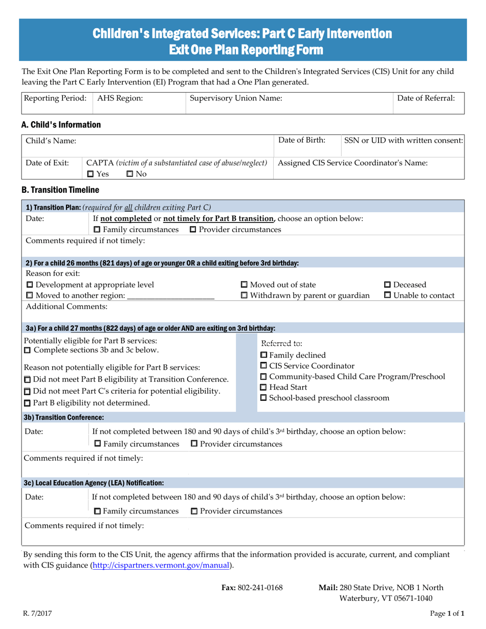 Childrens Integrated Services: Part C Early Intervention Exit One Plan Reporting Form - Vermont, Page 1