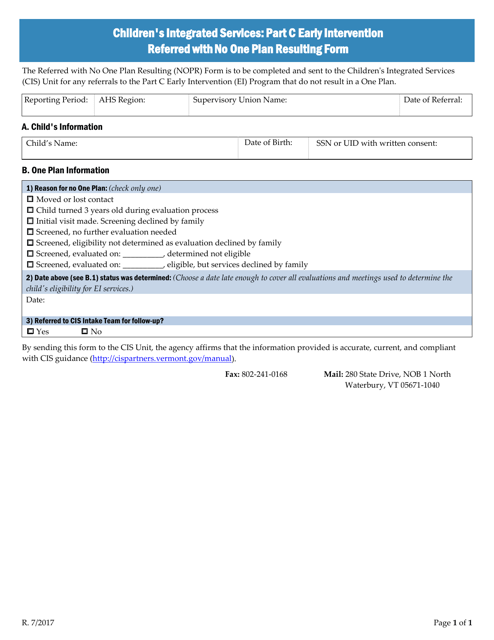 Children's Integrated Services: Part C Early Intervention Referred With No One Plan Resulting Form - Vermont Download Pdf