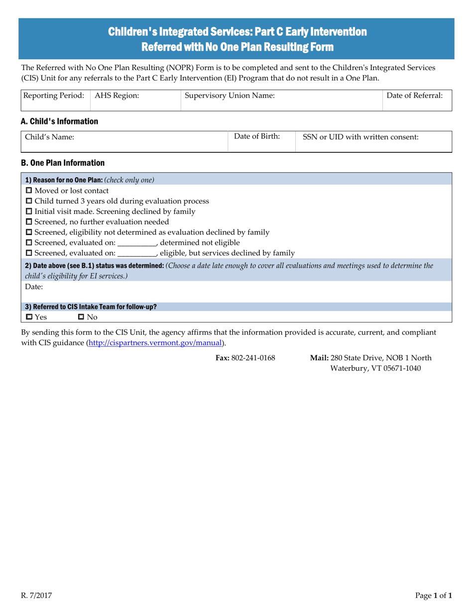 Childrens Integrated Services: Part C Early Intervention Referred With No One Plan Resulting Form - Vermont, Page 1