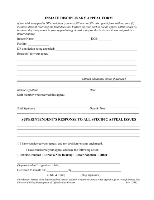 Inmate Disciplinary Appeal Form - Vermont