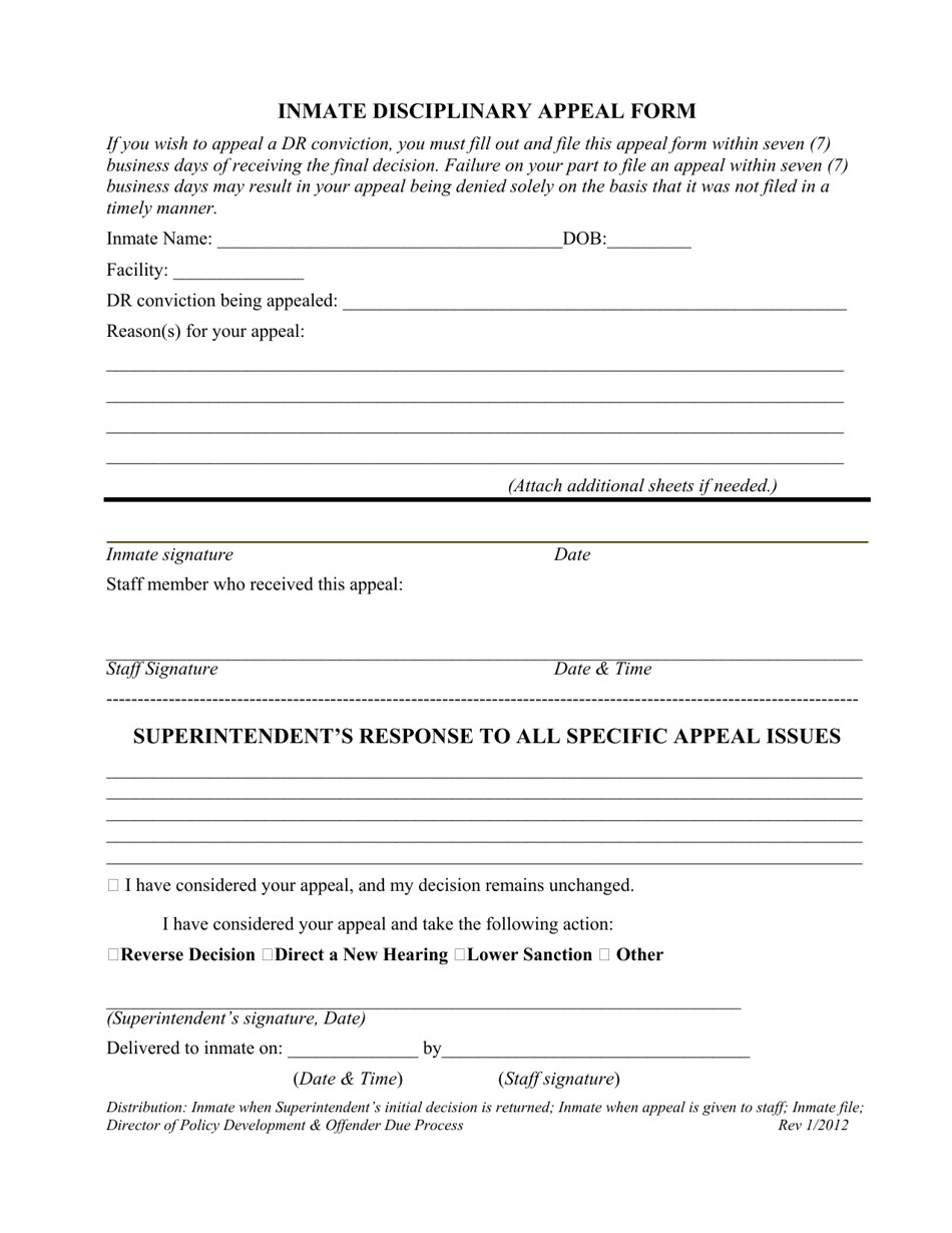 Inmate Disciplinary Appeal Form - Vermont, Page 1
