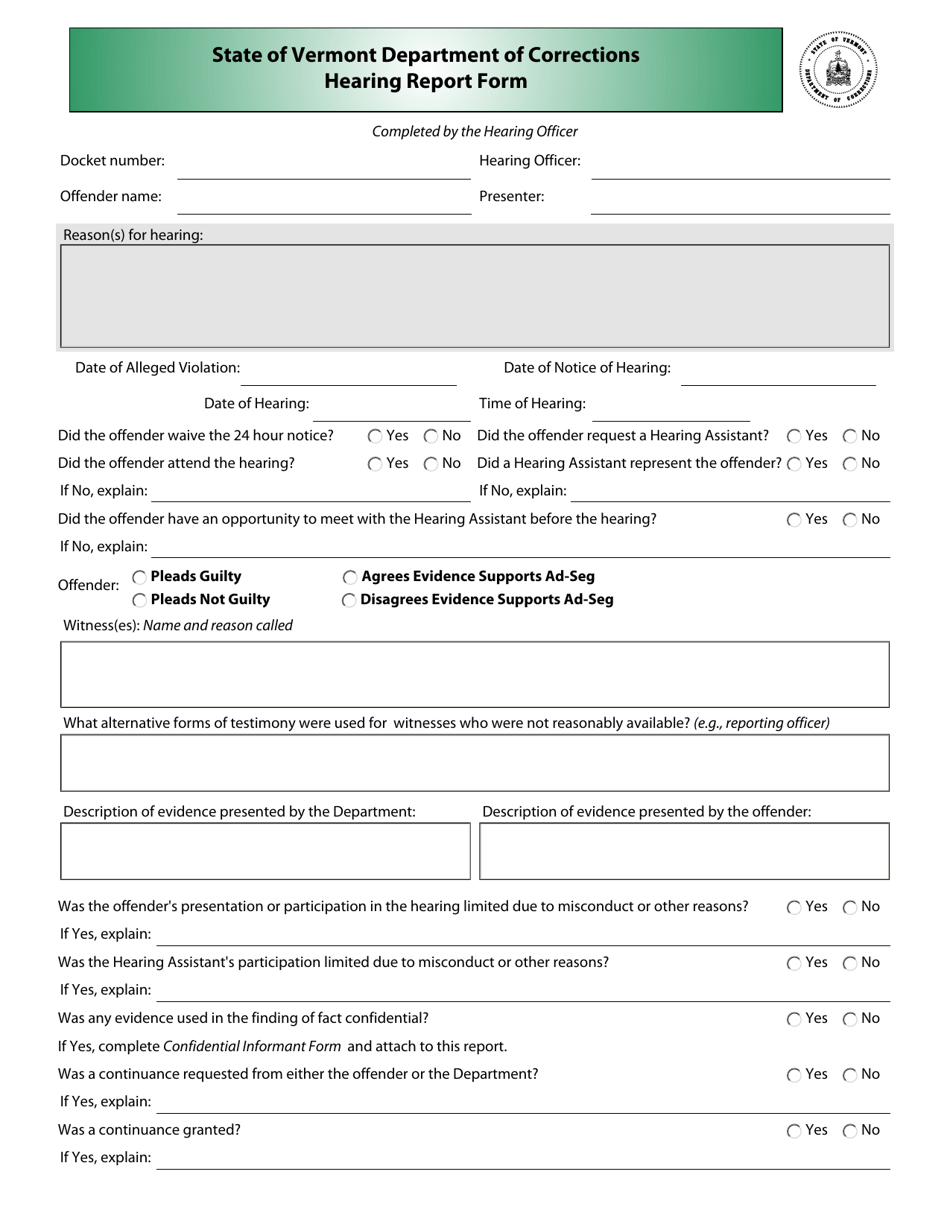 Hearing Report Form - Vermont, Page 1