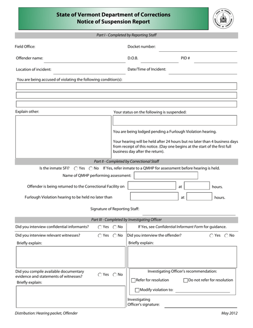 Notice of Suspension Report Form - Vermont Download Pdf