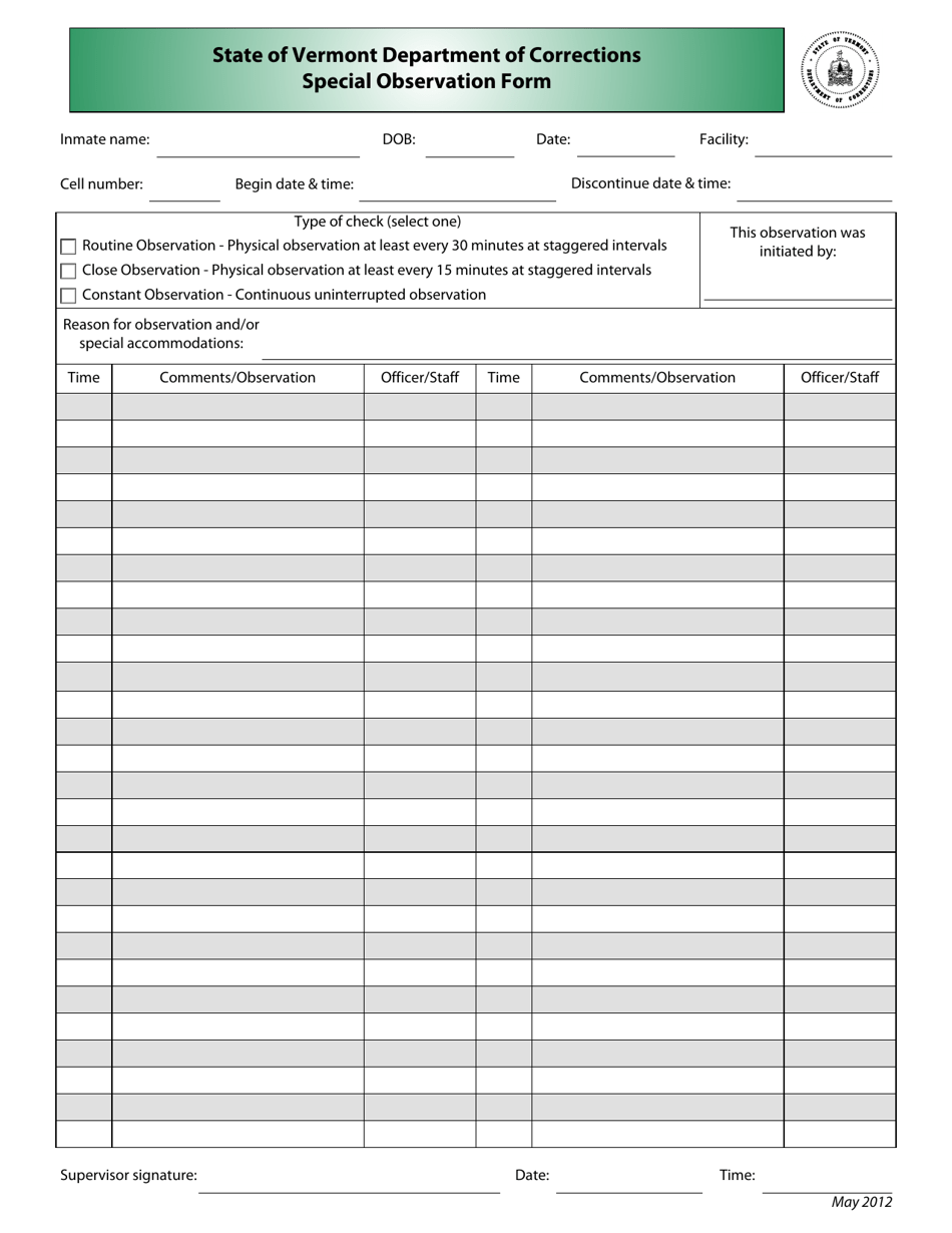 Special Observation Form - Vermont, Page 1