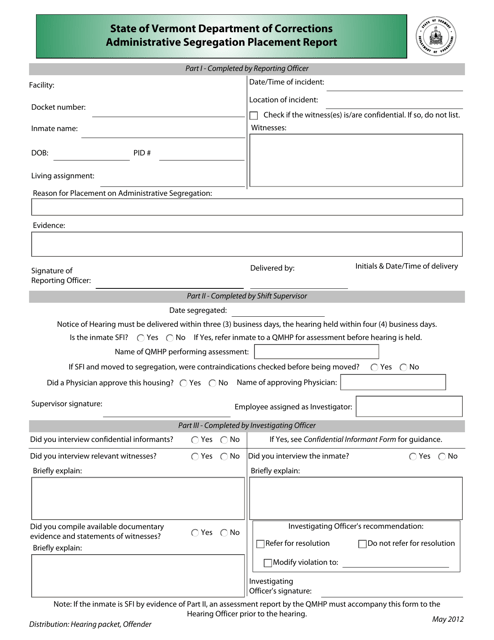 Administrative Segregation Placement Report Form - Vermont Download Pdf