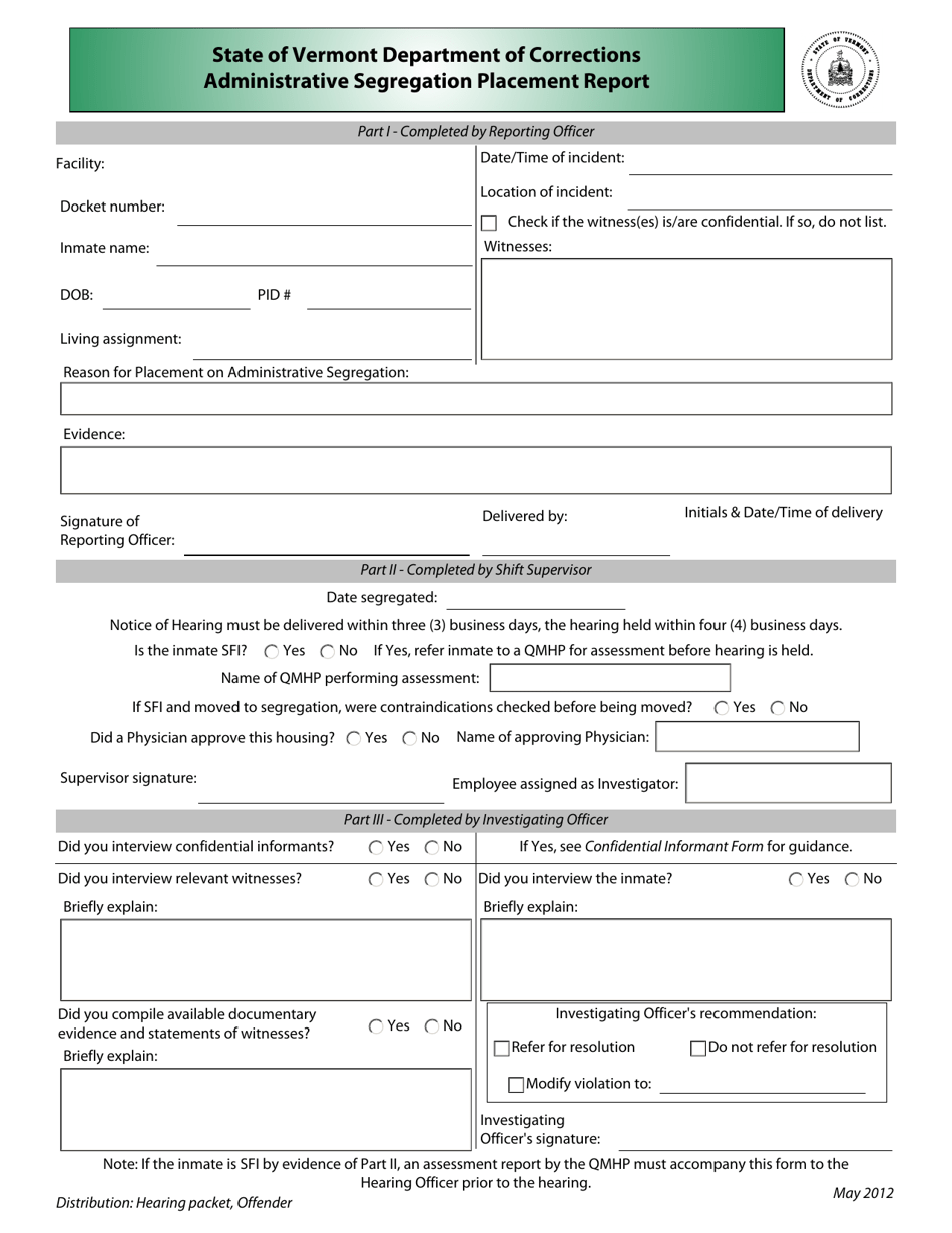 Administrative Segregation Placement Report Form - Vermont, Page 1