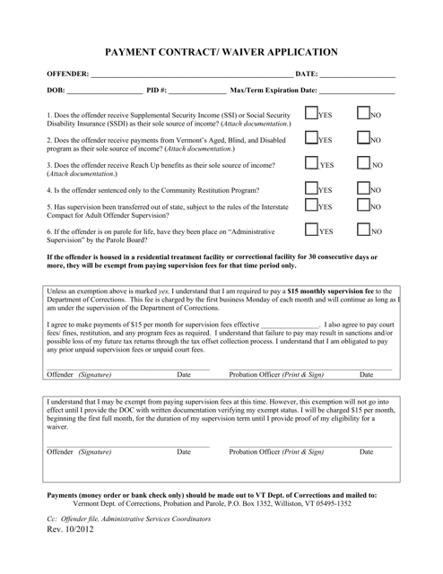 Payment Contract/Waiver Application Form - Vermont