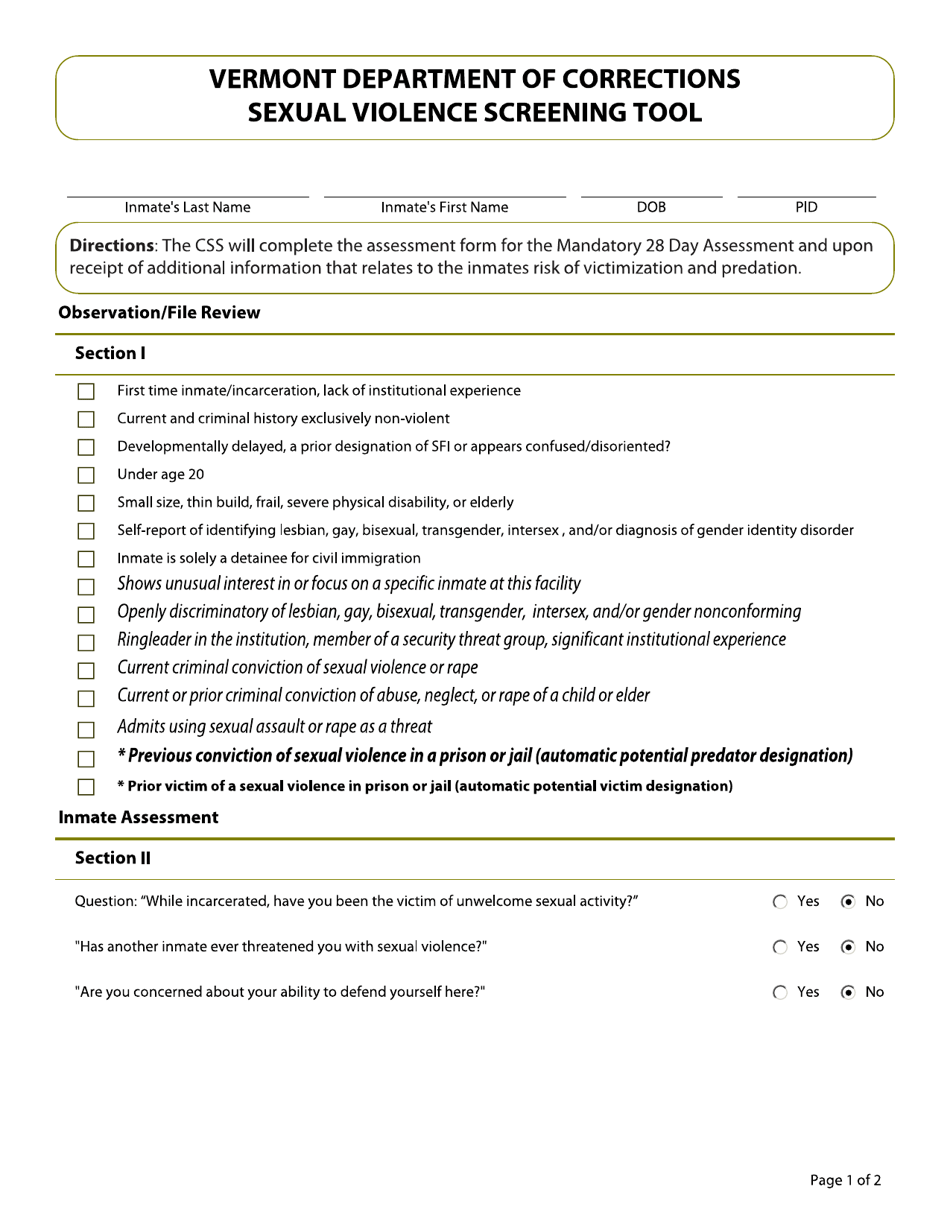 Sexual Violence Screening Tool - Css - Vermont, Page 1