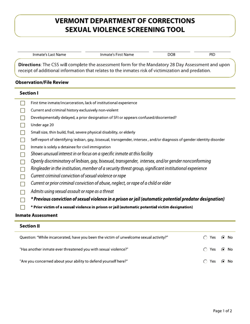 Sexual Violence Screening Tool - Css - Vermont Download Pdf