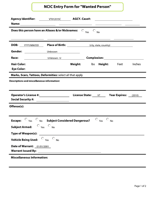 Ncic Entry Form for "wanted Person" - Vermont