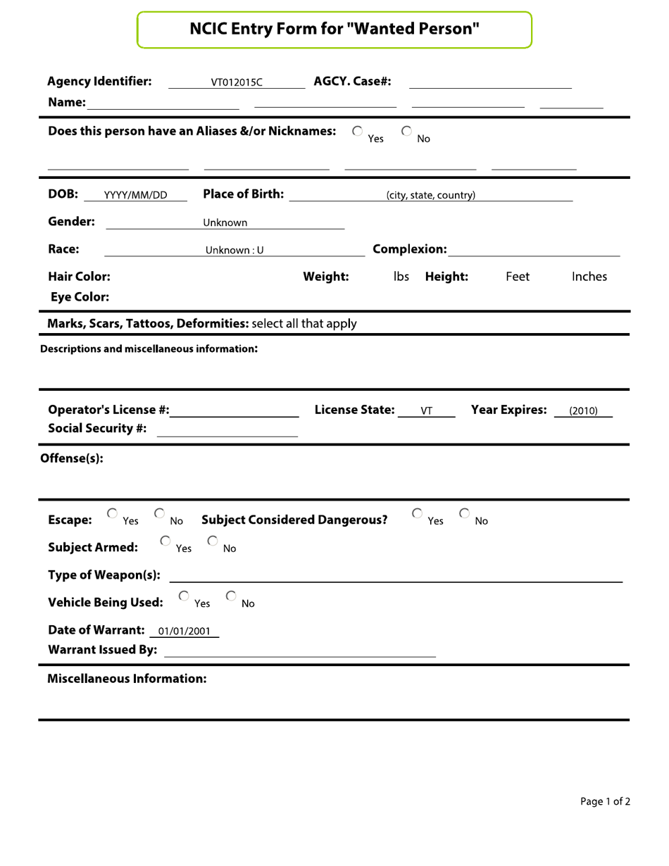 Ncic Entry Form for wanted Person - Vermont, Page 1