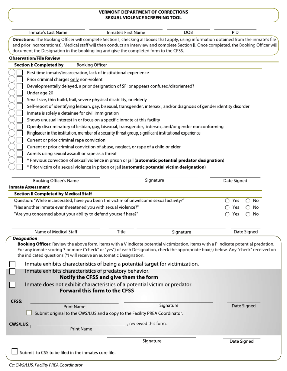 Sexual Violence Screening Tool - Booking / Medical Staff - Vermont, Page 1