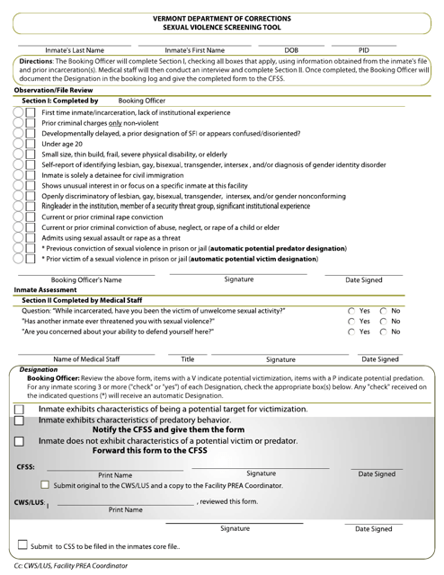 Sexual Violence Screening Tool - Booking / Medical Staff - Vermont Download Pdf