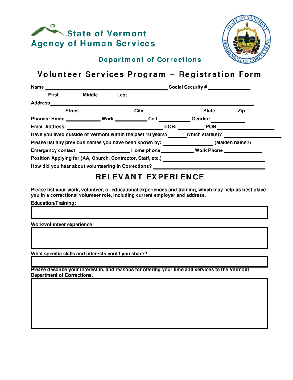 Volunteer Services Program Registration Form - Vermont, Page 1