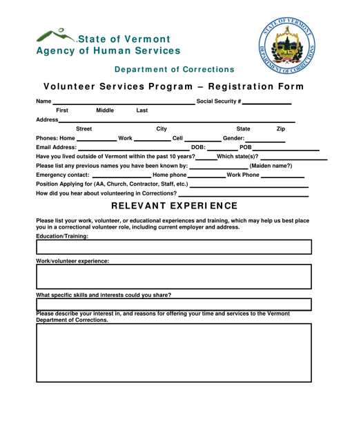 Volunteer Services Program Registration Form - Vermont Download Pdf