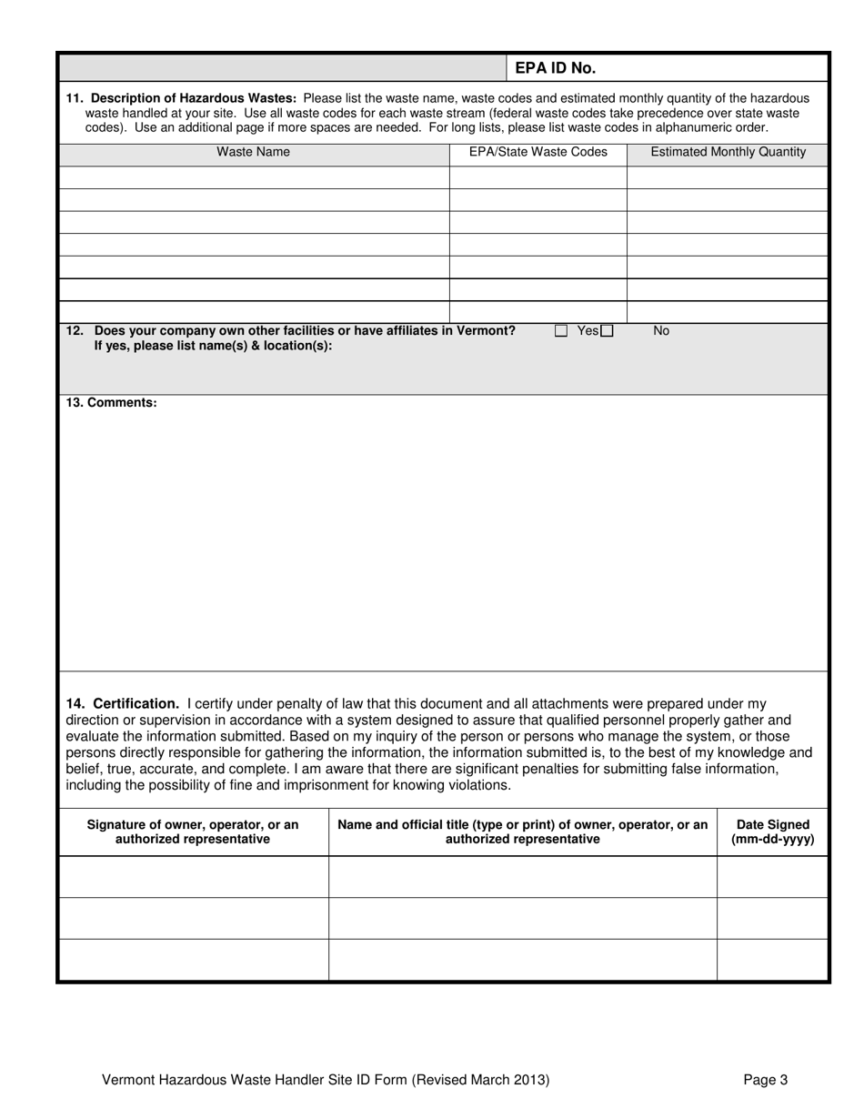 Vermont Vt Hazardous Waste Handler Site Id Form Fill Out, Sign Online