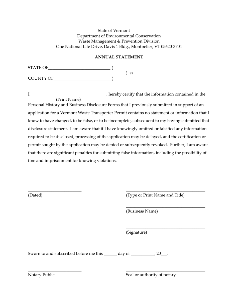 Vermont Annual Renewal Statement Download Printable PDF Templateroller